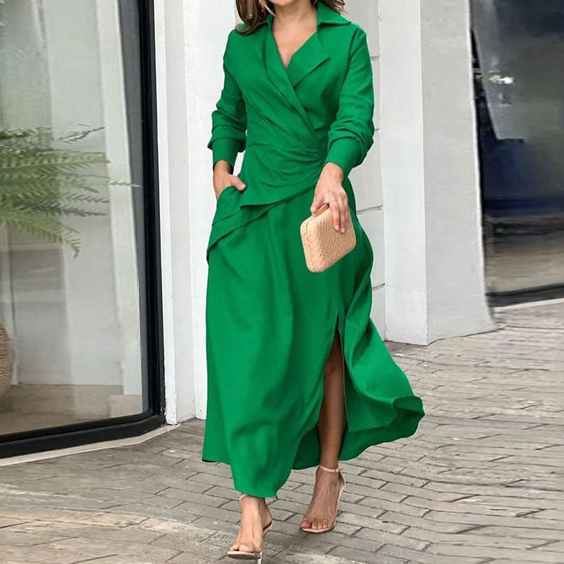 Autumn New Women's Casual Solid V-Neck Long Sleeve Dress
