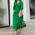 Autumn New Women's Casual Solid V-Neck Long Sleeve Dress