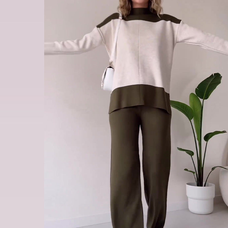 2023 Fall Fashion Color Block Top & Wide Leg Pants Set