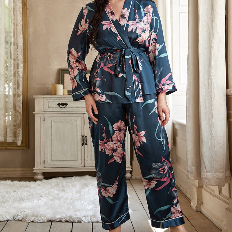 5XL Large Satin Women's Pajamas Set with Robe & Trousers