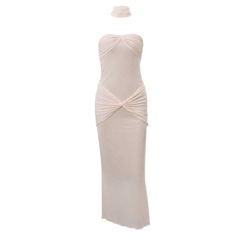 Shiny Ruched Strapless Long Dress for Women
