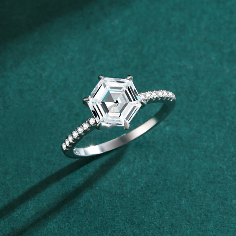 Korean Style S925 Silver Hexagon Simulated Diamond Ring