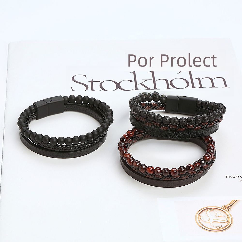 Men's Leather and Natural Stone Volcano Rock Bracelet
