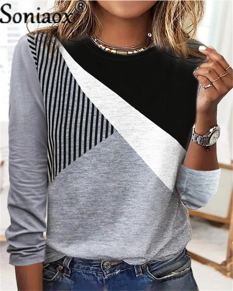 2022 Autumn Women's Color Block Stripe Print T-Shirt 5XL