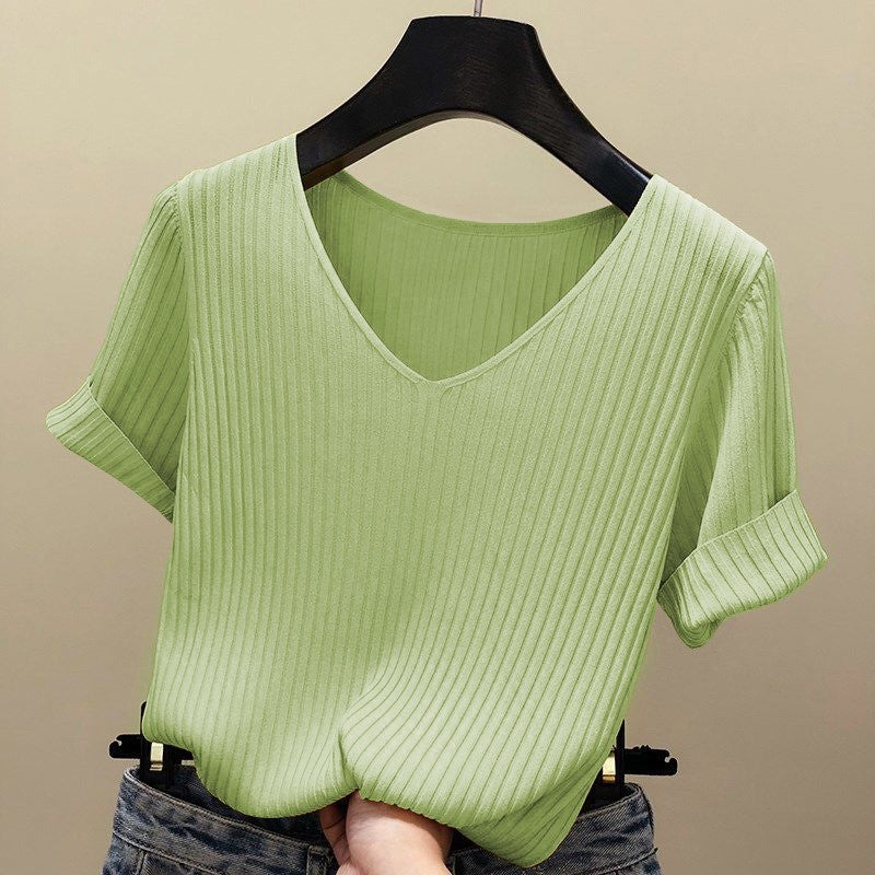 Summer Ice Silk Knit Black T-Shirt for Women