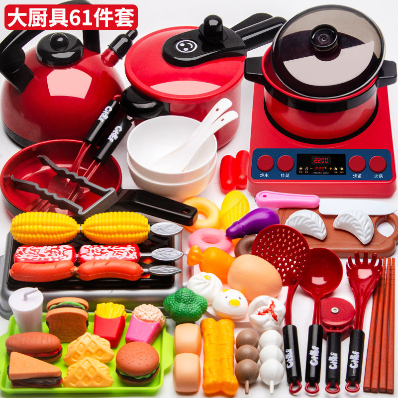 Kids Pretend Play Kitchen Set with Cooking and Cutting Toys