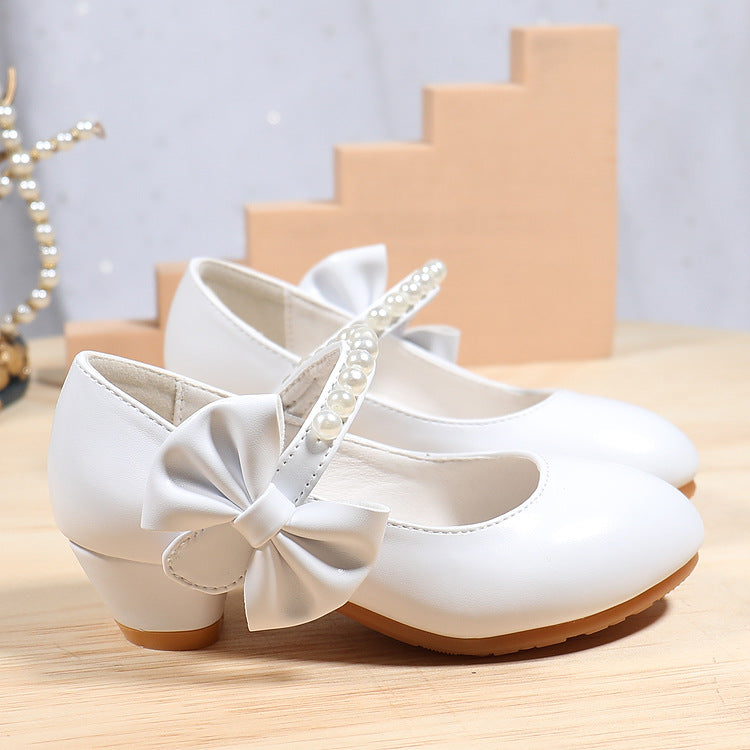 Girls' White High Heels with Bowknot and Pearl Detail
