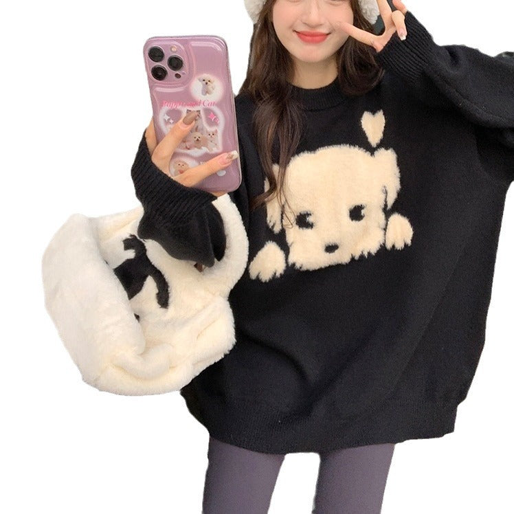 2023 Fall Fashion Plus Size Black Dog Knitted Sweater
