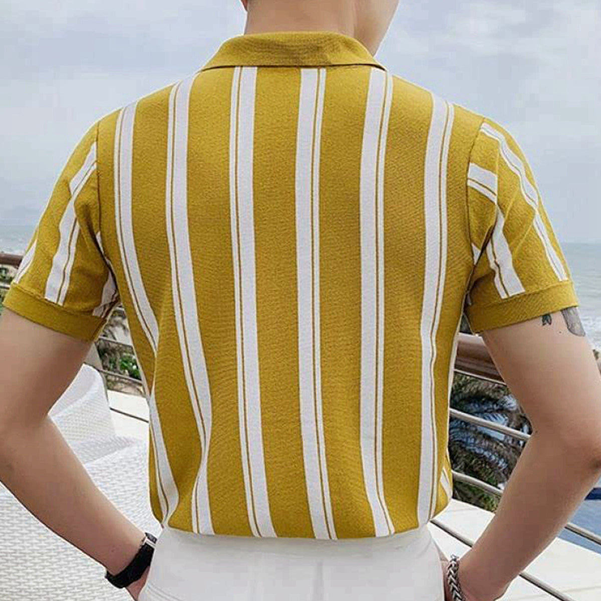 Men's Slim Fit Striped Knit Polo Shirt, Short Sleeve