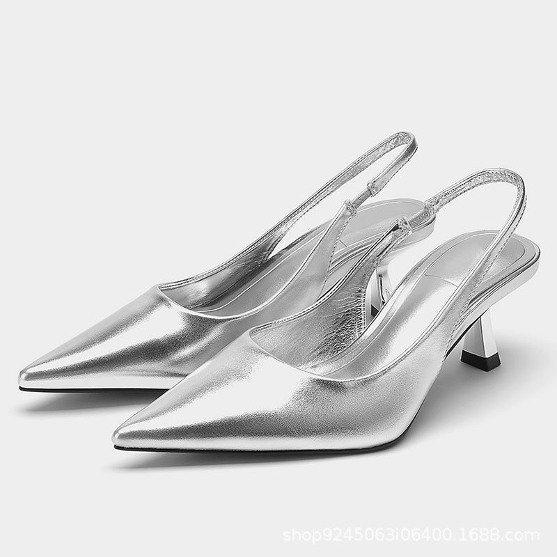 Summer New Silver Pointed Toe Chunky Heel Sandals