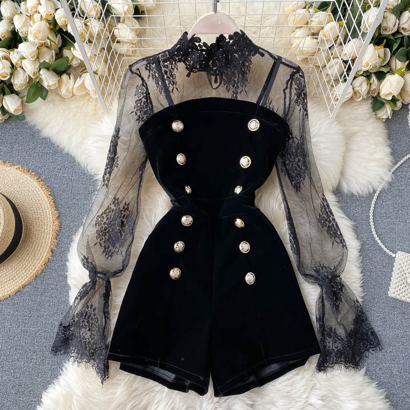 Korean Style Autumn Lace Top and Wide-Leg Jumpsuit Set