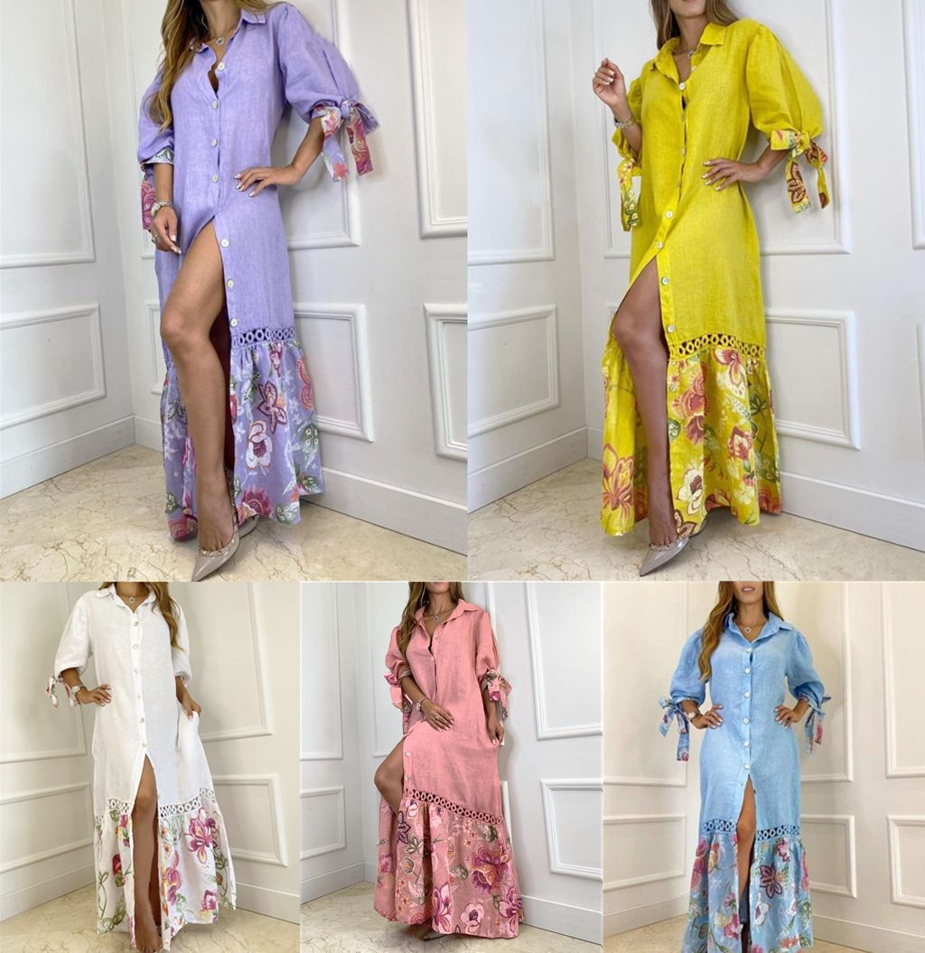 Summer Lace-Trimmed Long Dress with 7-Point Sleeves
