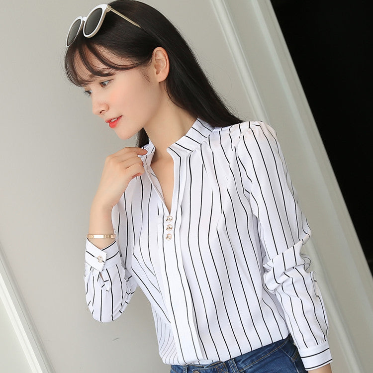 Loose Striped Stand Collar Women's Shirt - Long Sleeve Top