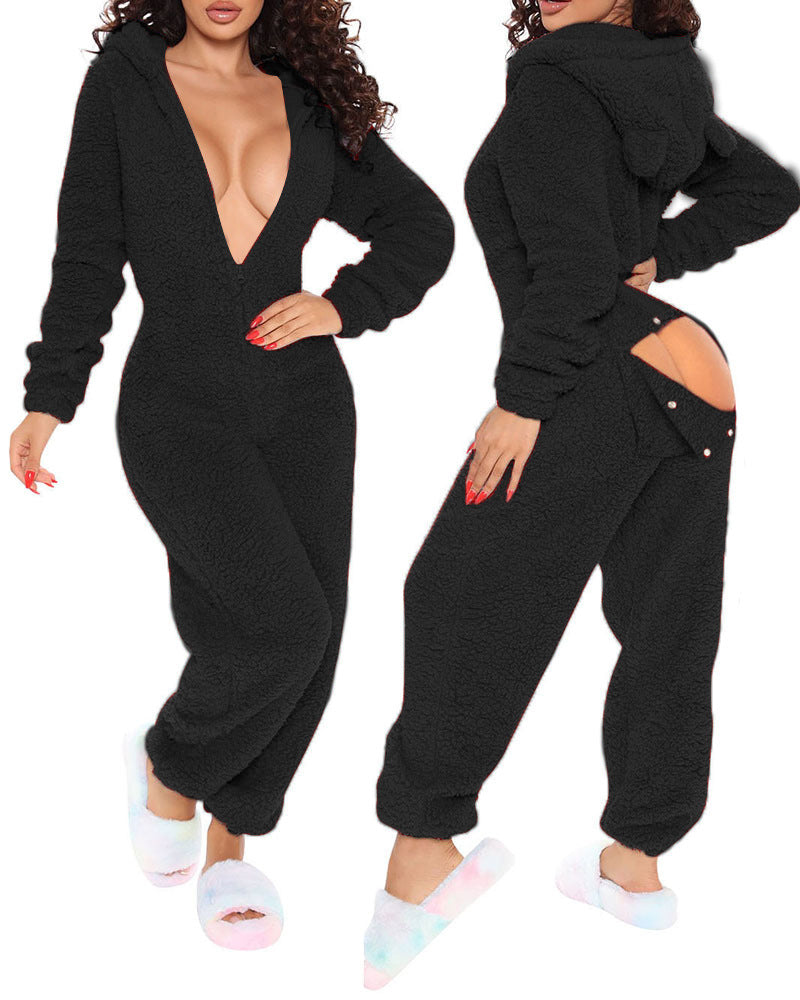 Solid Color Plush Long Sleeve Jumpsuit for Women