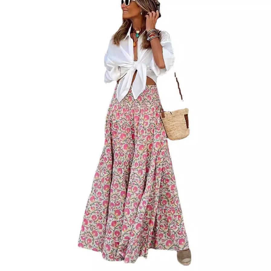 2023 Summer Floral Maxi Skirt with Elastic Waist