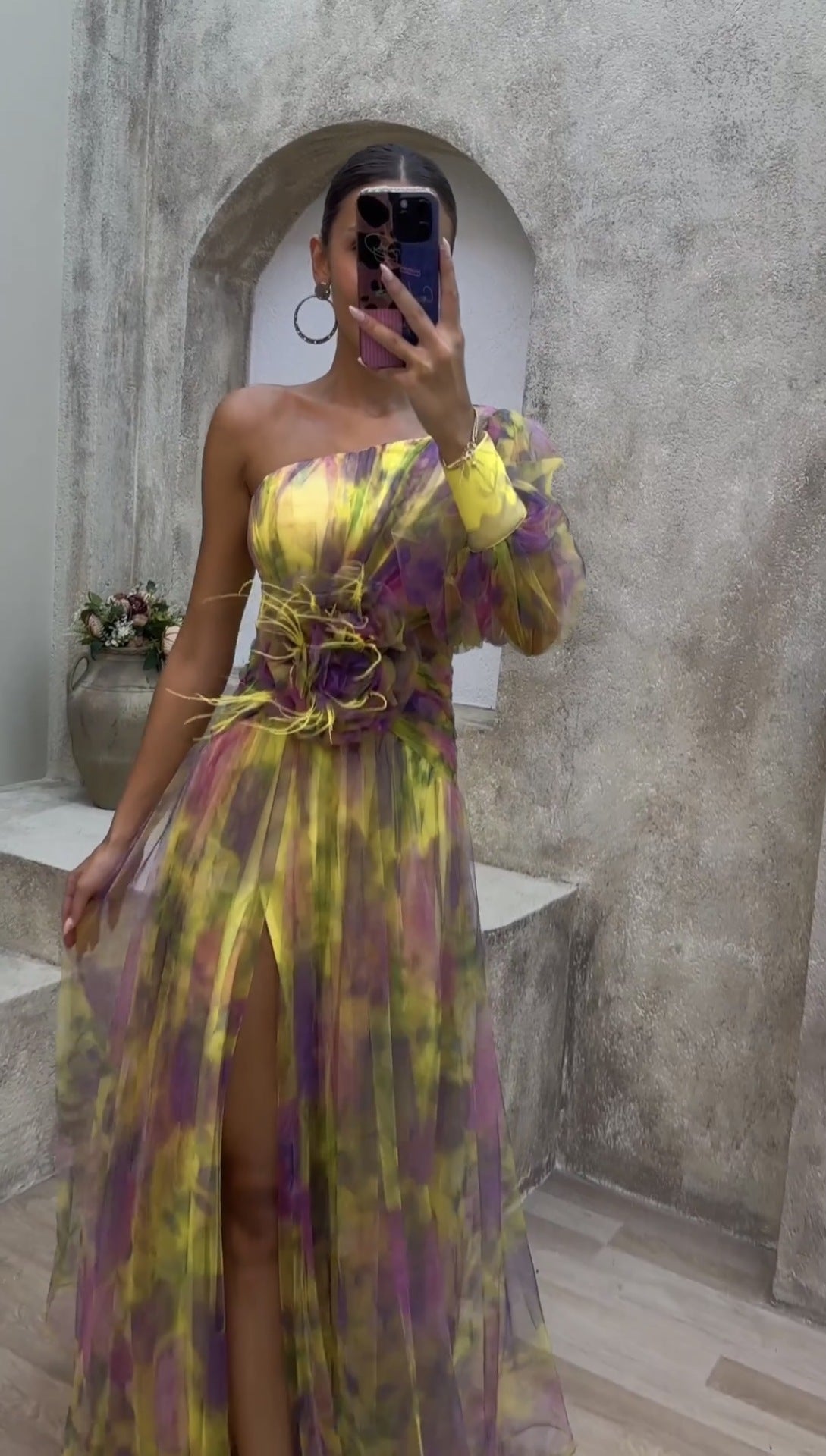Summer Floral Long Sleeve Dress with Asymmetrical Shoulder