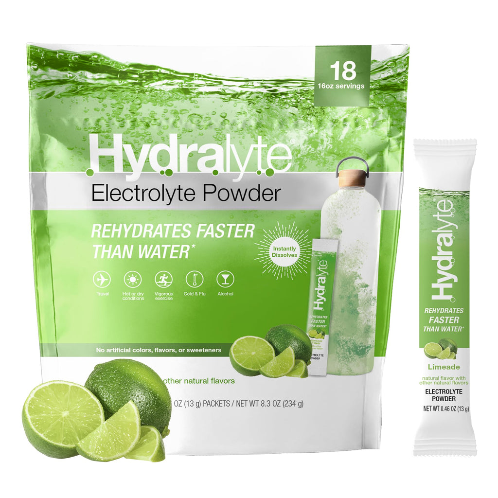 Hydralyte Low Sugar Rapid Rehydration - Lightly Sparkling Electrolyte Powder Packets 16 oz Serve | Limeade Hydration Packets | Hydration for Heat Travel Essential - Workout Essential (18 Count)