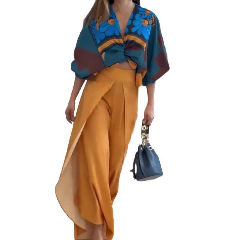 2023 Fall Fashion Print Batwing Top & High-Waist Pants Set