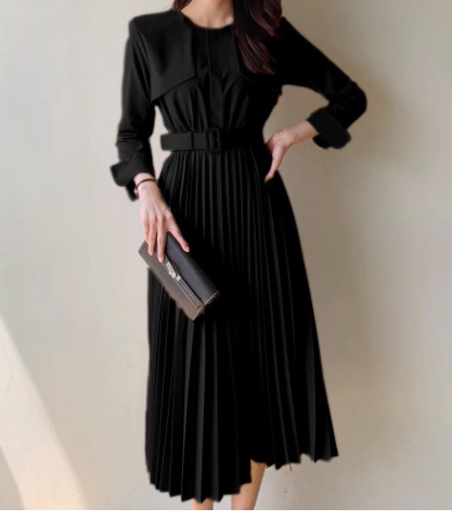 Chic Pleated Dress with Waist Tie Trench Coat