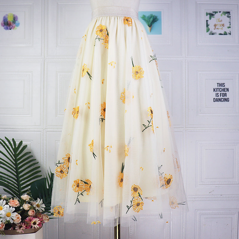 Sunflower Embroidered Mesh Half-Body Skirt for Women