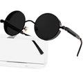 AIEYEZO Round Steampunk Sunglasses for Men Women Gothic Glasses Vintage Circle Metal Frame 100% UV Blocking Lens (Black/Grey)