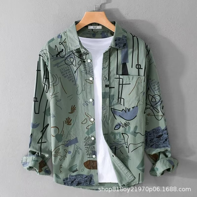 Men's Floral Loose-Fit Long Sleeve Shirt in Trendy Style