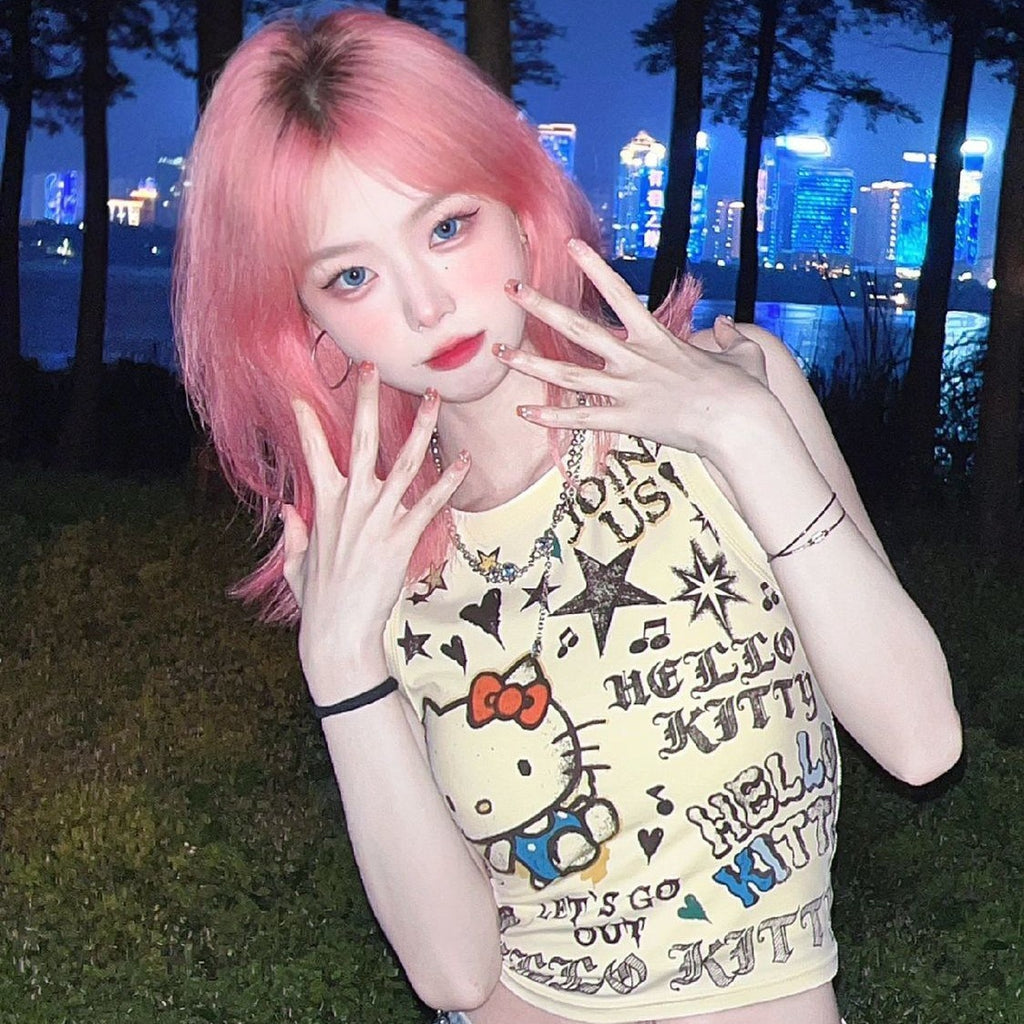 Japanese Style Kitty Cat Crop Top for Summer Streetwear