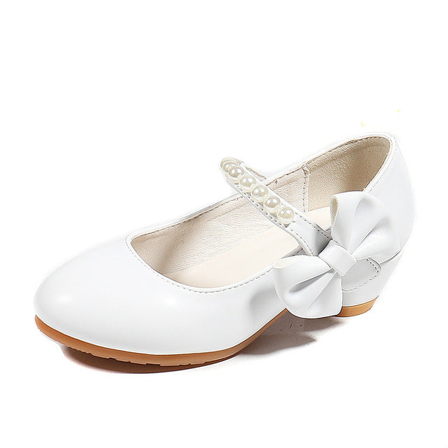 Girls' White High Heels with Bowknot and Pearl Detail