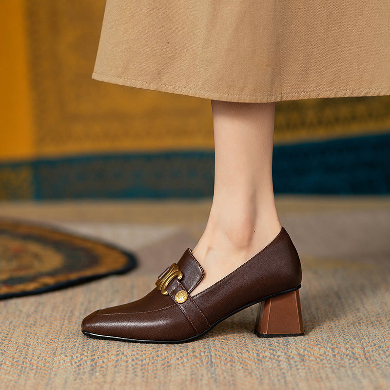 Retro Soft Leather Chunky Heel Women's Shoes