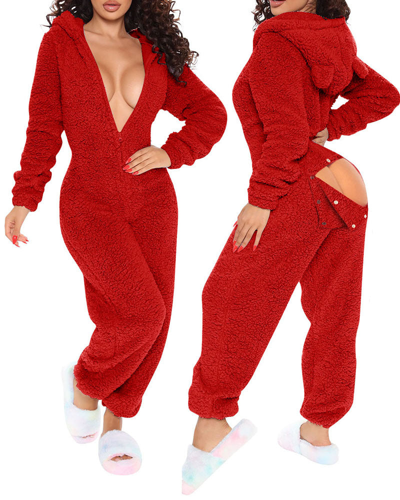 Solid Color Plush Long Sleeve Jumpsuit for Women