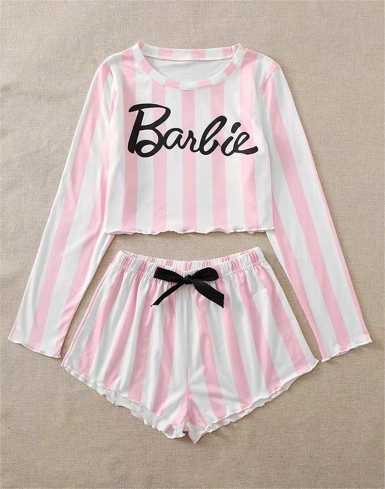 Striped Long Sleeve Pajama Set with Shorts (Two Pieces)