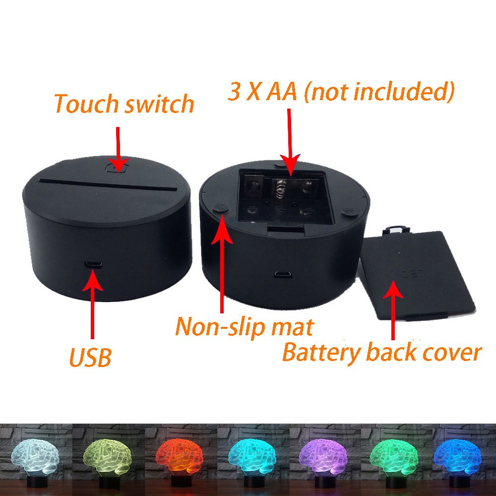 3D LED Colorful Remote Control Brain Lamp
