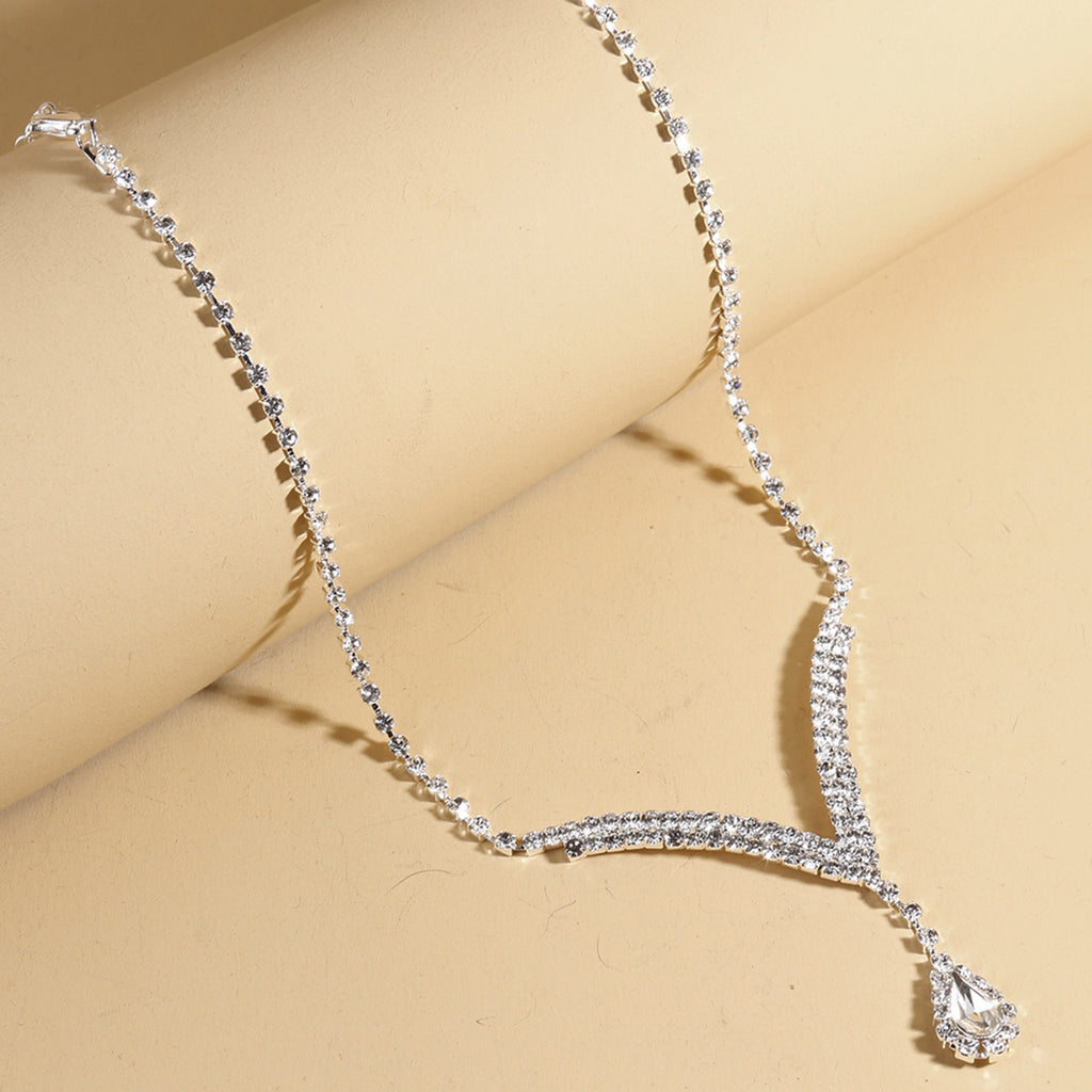 Bridal Jewelry Set with V-Neck Drop Pendant and Earrings