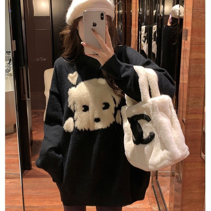 2023 Fall Fashion Plus Size Black Dog Knitted Sweater