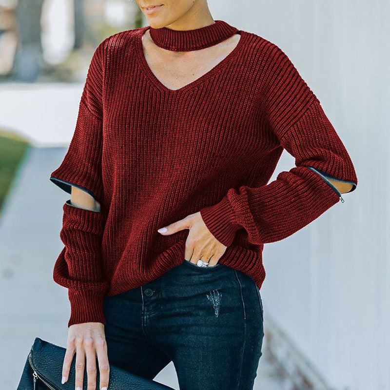 V-Neck Knit Sweater with Zipper for Women 2023 Fall
