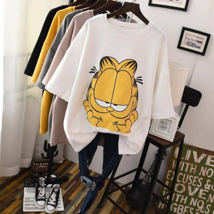Korean Style Women's Short Sleeve T-Shirt with Cat Print