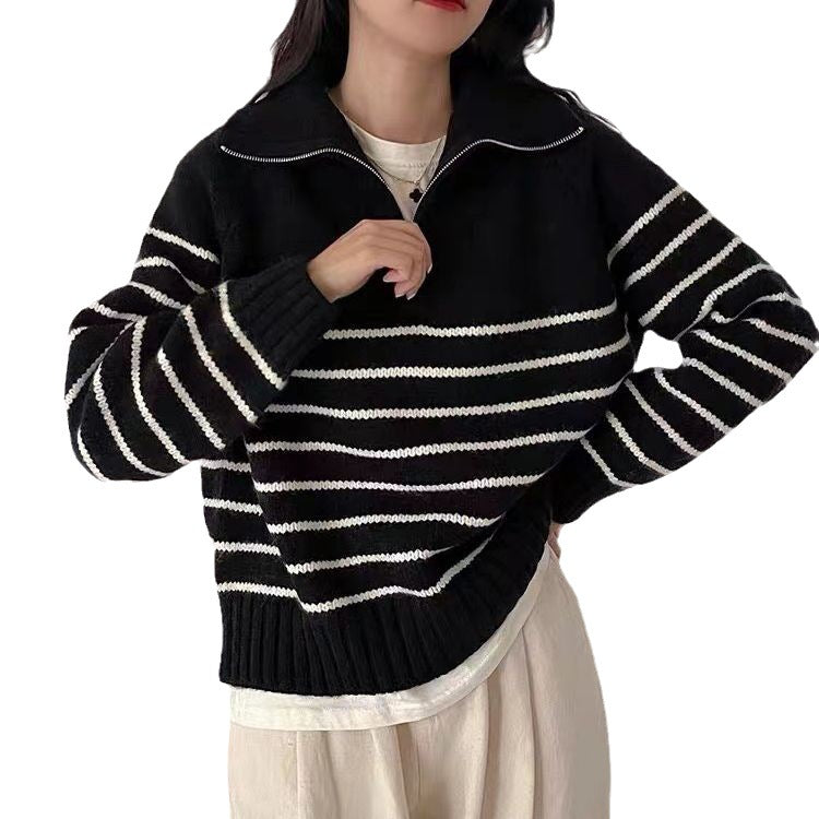Korean Style Striped Knit Sweater with Half-Zip Collar