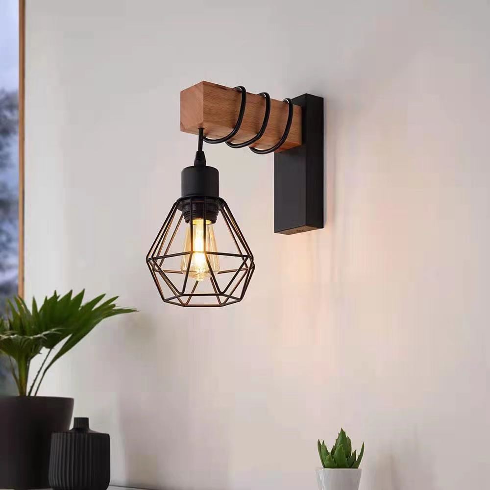 Creative American Wood Wall Lamp with Iron Shade E27