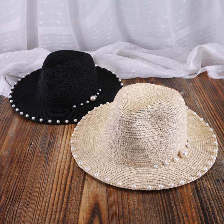 Korean Style Pearl Wide-Brim Straw Hat for Adults