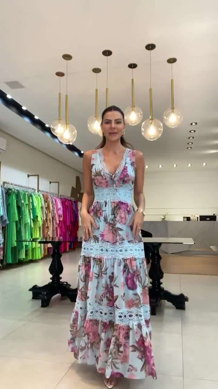 Fashion Floral Print V-Neck Lace-Up Maxi Dress