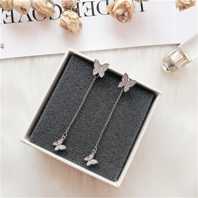 Fashionable 925 Silver Butterfly Long Earrings with Tassels