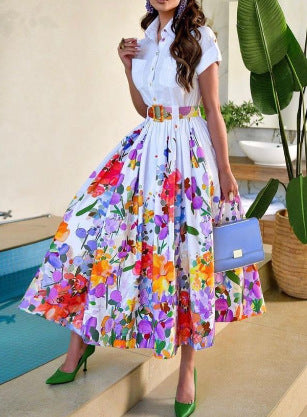 2023 Floral Print Short Sleeve Dress with Belt