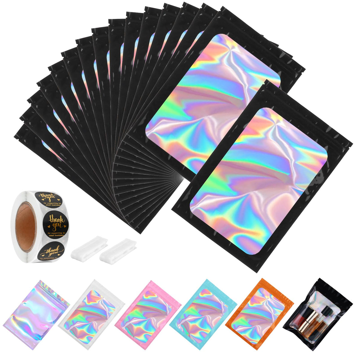 150-pack 5 x 8 in Holographic Mylar Bags with Clear Window Resealable Foil Pouches for Food Storage Smell Proof Edible Packaging Zip Bag for Cookies Jewelry and Small Business Thank You Stickers