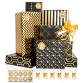 Vnaaem Gift Wrapping Paper with Gift Bow and Sticker 6 Pc Black Gold Foil Star and Geometric Patterns Gift Wrap for Birthday Holiday Baby Shower Christmas Wedding Fathers Day 27.5x19.6in