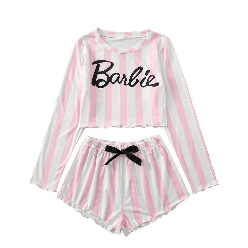 Striped Long Sleeve Pajama Set with Shorts (Two Pieces)