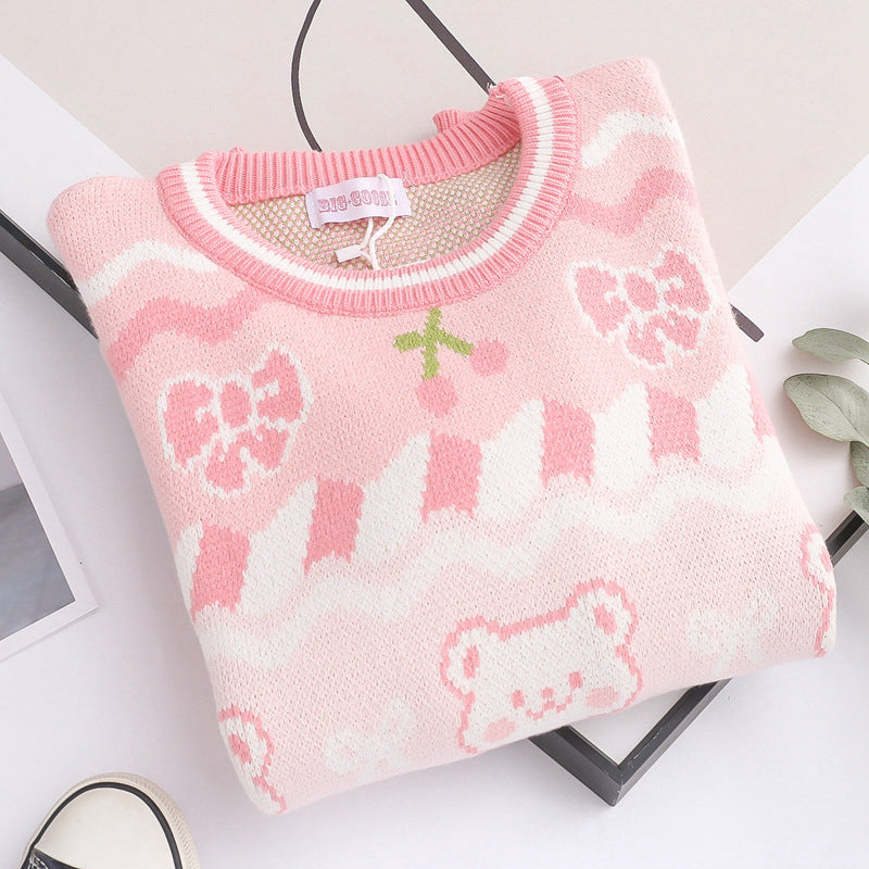 YH16413 Women's Cute Cartoon Bear Knit Sweater