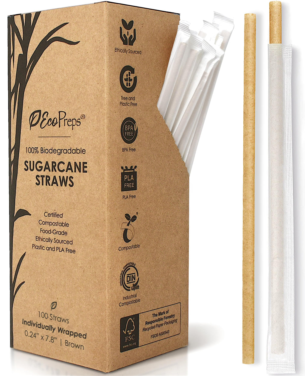 EcoPreps Biodegradable Sugarcane Straws Compostable Individually Wrapped Straws | 100 Count 100% Plastic-Free Eco-Friendly Drinking Straw | 7.8” Sugar Fiber Disposable Straw Packed in Paper Wrap