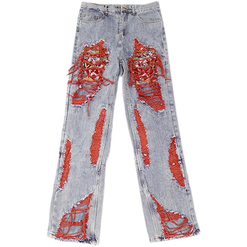 Hip Hop Distressed Straight Leg Denim Pants with Embroidery