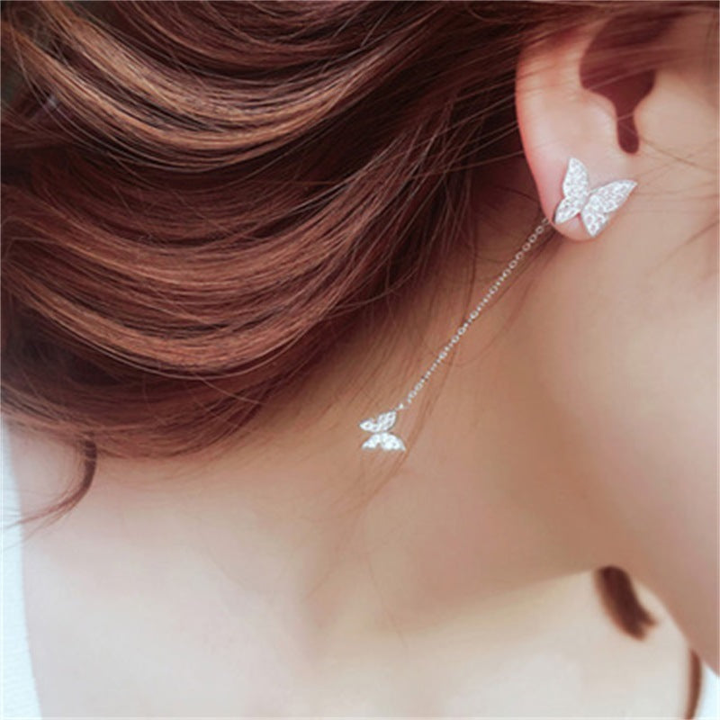 Fashionable 925 Silver Butterfly Long Earrings with Tassels