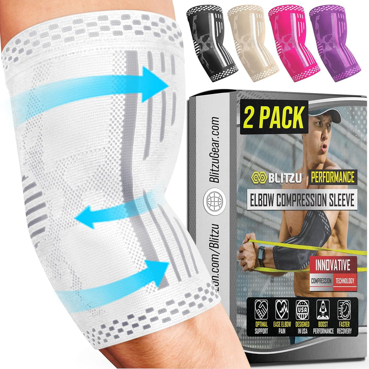 BLITZU Elbow Compression Sleeve 2 Pack Elbow Brace for Tennis Elbow Pain Relief Golfers Elbow Treatment Tendonitis Arthritis Bursitis Workout Support Weight lifting White L